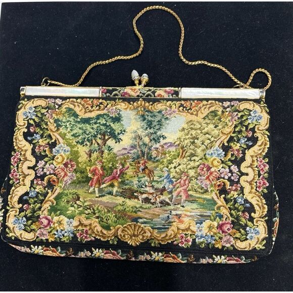 Vintage Victorian Mother of Pearls Petit Point Tapestry Bag